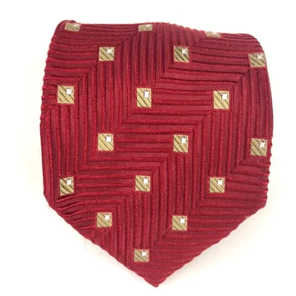 ERMENEGILDO ZEGNA Italy Red 100% Silk Geometric Tie w/ Beige Squares Design 59" - Picture 1 of 10